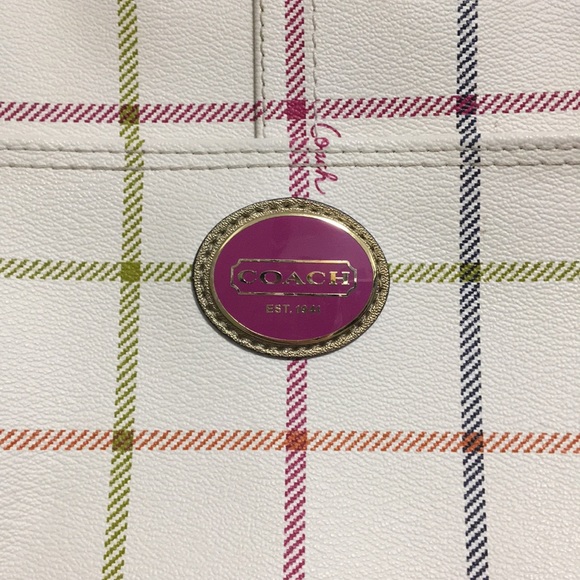 Coach Heritage Cream Leather Tattersall Tote - Picture 2 of 5